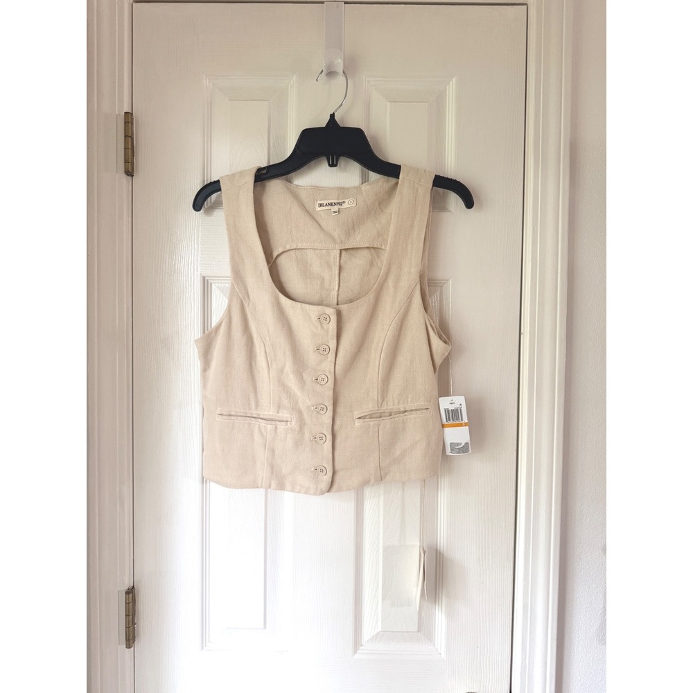 BLANKNYC Button Front Vest Oyster Bar Beige Linen Blend Cropped Scoop Neck Small - Picture 2 of 3